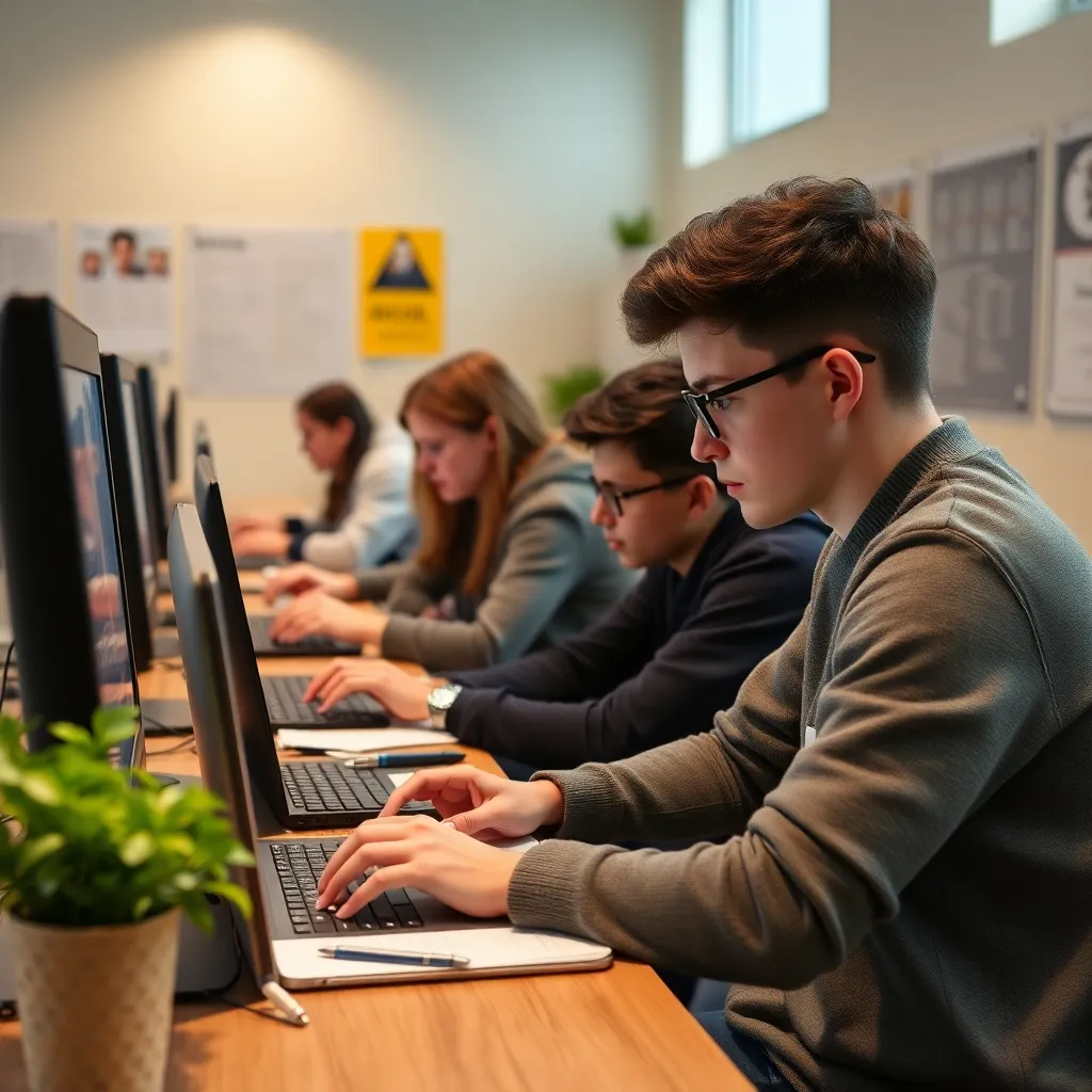 Image illustrative d'un environnement éducatif avec des étudiants travaillant sur des ordinateurs